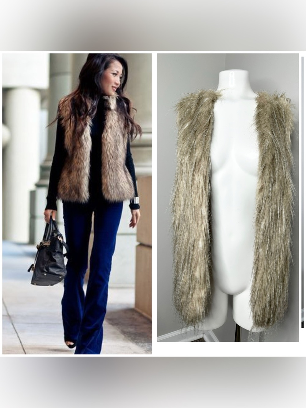 Long brown Faux Fur Open-Front Vest -large